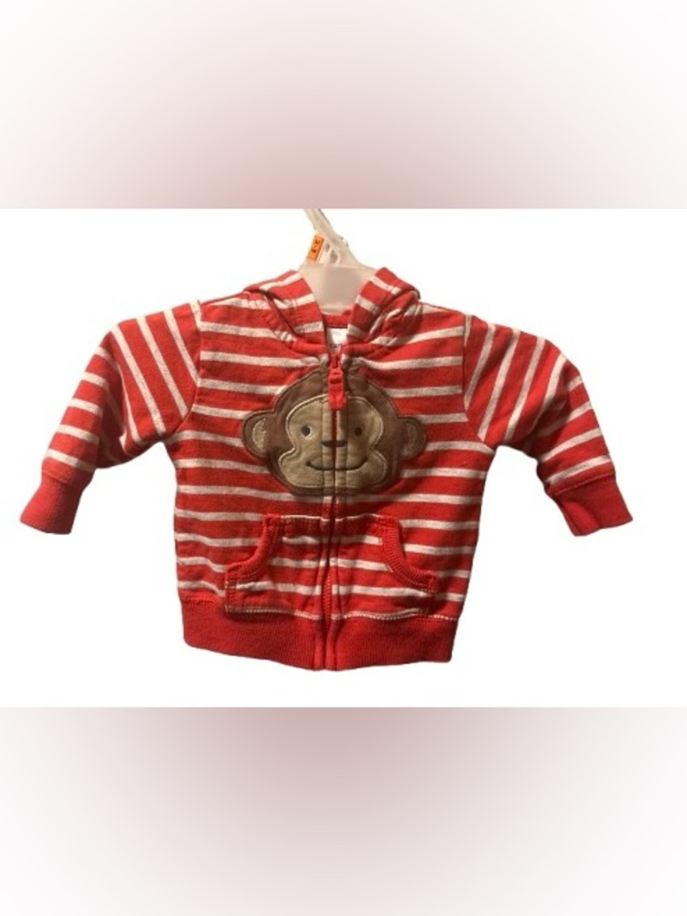 CARTERβS Baby Orange Striped Monkey Face Zip Up Hoodie - Size 3 Months
